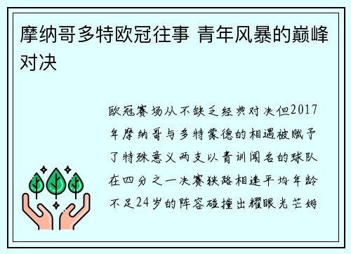摩纳哥多特欧冠往事 青年风暴的巅峰对决